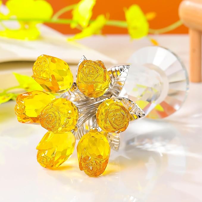 Movdyka Crystal Yellow Rose Flower Figurine with Vase Handmade Romantic Glass Rose for Wife Mom on Birthday Christmas Wedding Home Decorations