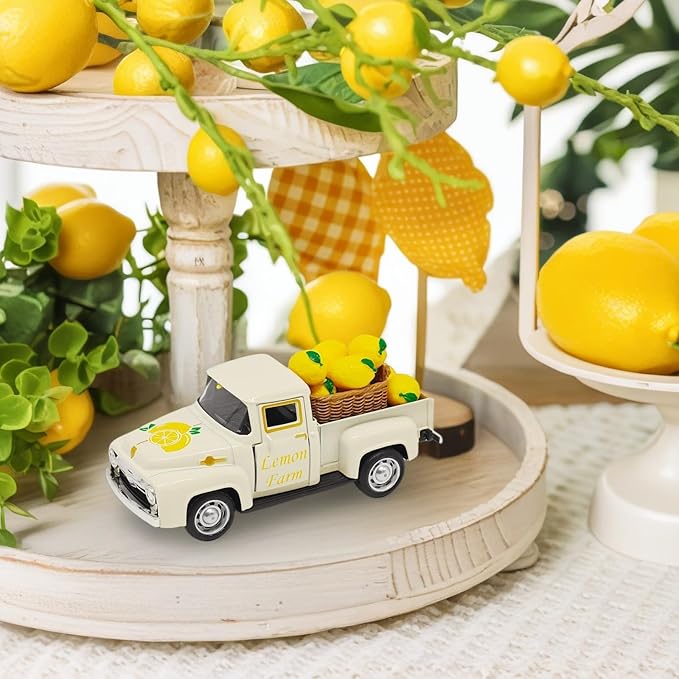 Lemon Decor - 4.9″Farmhouse Vintage Metal Truck with Mini Fake Lemons for Home Kitchen Table, Shelf, Party Decorations and Lemonade Stand Decor Summer Tiered Tray Decoration