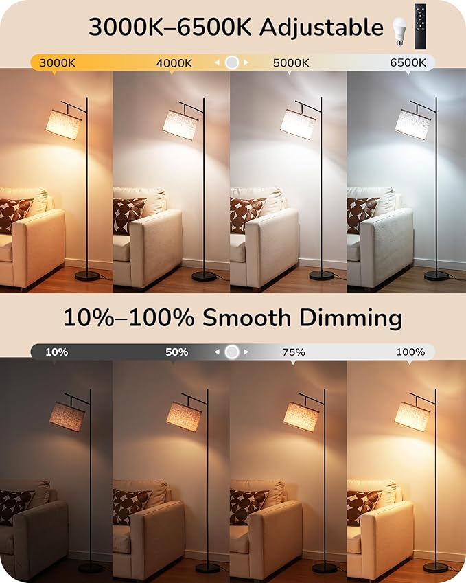 EDISHINE 64.7IN Floor Lamp for Living Room with Remote, Modern Tall Standing Lamp, Dimmable & 5CCT, Foot Pedal Switch, Minimalist for Bedroom, Bulb Included, Black