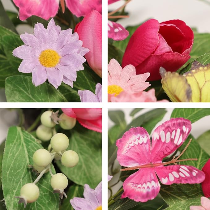 Artificial Spring Summer Wreaths with Tulips Daisies Butterflies Berries Olive Green Leaves Handmade Floral Wreath for Front Door Farmhouse Indoor Outdoor Wedding Home Decor