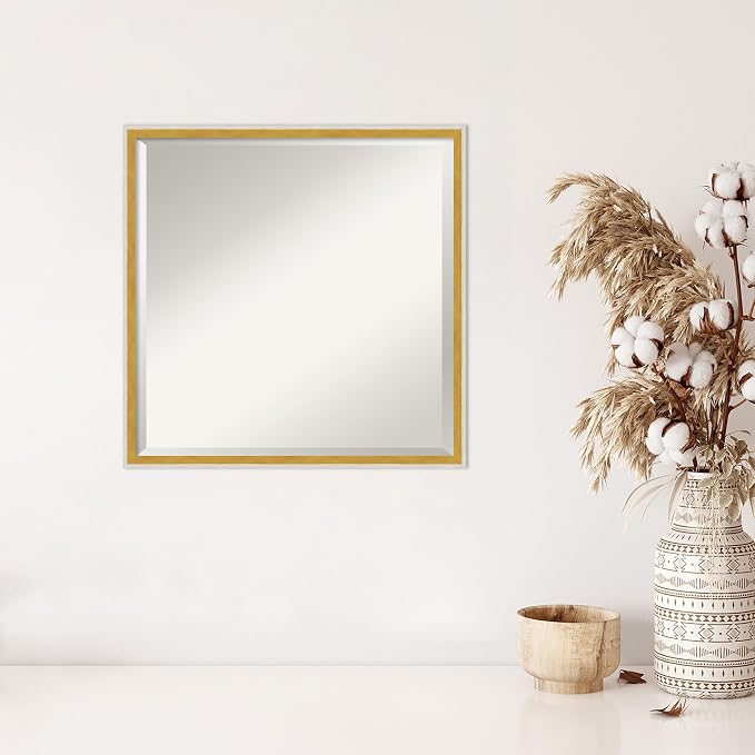 Amanti Art White Wall Mirror 21x21 Paige White Gold Square Bathroom Mirror for Wall Decor Living Room, Medium Modern Wood Frame, Hangs Horizonally and Vertically, Bathroom Decor, Beveled Edge