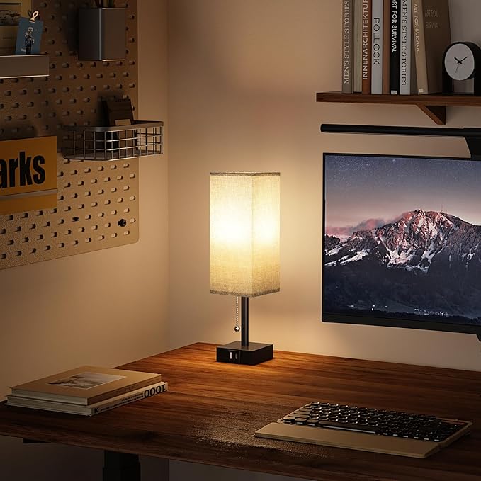 aooshine Bedside Table Lamps Set of 2 - Gray Bedroom Lamps with 3 Color Temperatures (3000K/5000K/4000K), Square Nightstand Light with USB C + A Charging Ports, Pull Chain Small Night Light