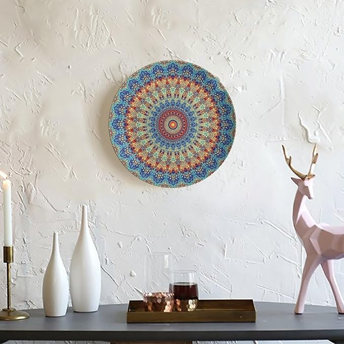 Colorful Decorative Plates, 10 Inch, Blue Mandala Boho Round Display Plate, Decorative Plates with Stand, for Home Kitchen Bedroom Decorative Ornaments