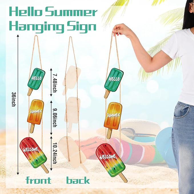 Summer Door Decorations Ice Cream Hanging Sign, Hello Summer Welcome Wood Hanging Wreath Sign, Watercolor Vintage Porch Wall Decor, 26.2 x 10.2 Inch Wooden Wreath for Front Door Indoor Outdoor