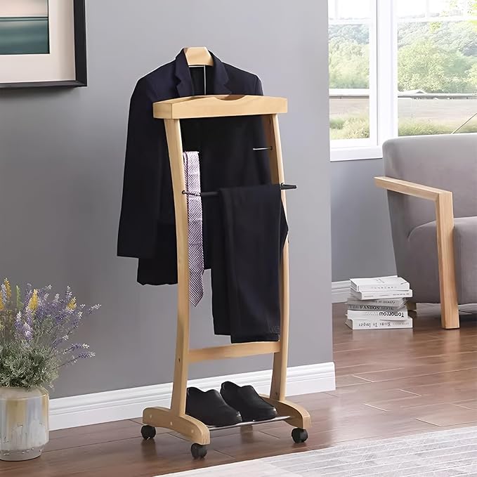 Suit Valet Stands for Women and Men Wooden Suit Valet Stand with Contour Hanger Trouser Bar and Top Storage Tray Contour Hanger Chair Valet for Entryway Bedroom(B)