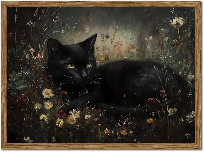 Framed Vintage Black Cat Canvas Wall Art, Gothic Dark Academia Cat Pictures Wall Decor, Moody Floral Animal Paintings Prints Cottagecore Home Decor for Living Room Bedroom Bathroom 16x24 inch
