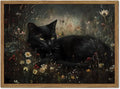 Framed Vintage Black Cat Canvas Wall Art, Gothic Dark Academia Cat Pictures Wall Decor, Moody Floral Animal Paintings Prints Cottagecore Home Decor for Living Room Bedroom Bathroom 16x24 inch