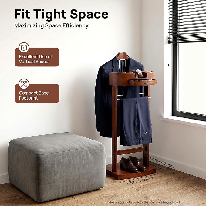 Clothes Valet Stand Holder for Men Suit Coat Rack Hanger Stand, Clothes Butler Valet Stand for Men, Wood Clothing Stands with Top Tray & Storage Organizer, Clothing Trousers Bar Rack
