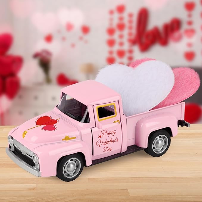 Pink Truck Decor for Home Valentine's Day Metal Truck with Hearts Pink Trucks Vintage Romantic Tiered Tray Decor for Home Kitchen Farmhouse Car Model Valentine's Day Table Centerpiece Supply