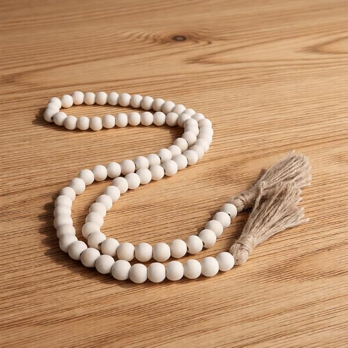 Farmhouse Beads 58in Wood Bead Garland with Tassels, Rustic Country Boho Wall Hanging Decor, Prayer Beads