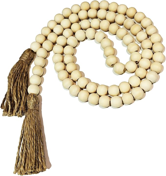 Farmhouse Beads, 59in Wood Bead Garland with Tassels, Bookshelf Decor for Tiered Tray, Decorative Tassel for Tier Tray, Rustic Beads Centerpiece Boho Table Decor, Beaded Accent White Washed