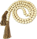 Farmhouse Beads, 59in Wood Bead Garland with Tassels, Bookshelf Decor for Tiered Tray, Decorative Tassel for Tier Tray, Rustic Beads Centerpiece Boho Table Decor, Beaded Accent White Washed