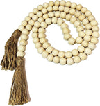 Farmhouse Beads, 59in Wood Bead Garland with Tassels, Bookshelf Decor for Tiered Tray, Decorative Tassel for Tier Tray, Rustic Beads Centerpiece Boho Table Decor, Beaded Accent White Washed