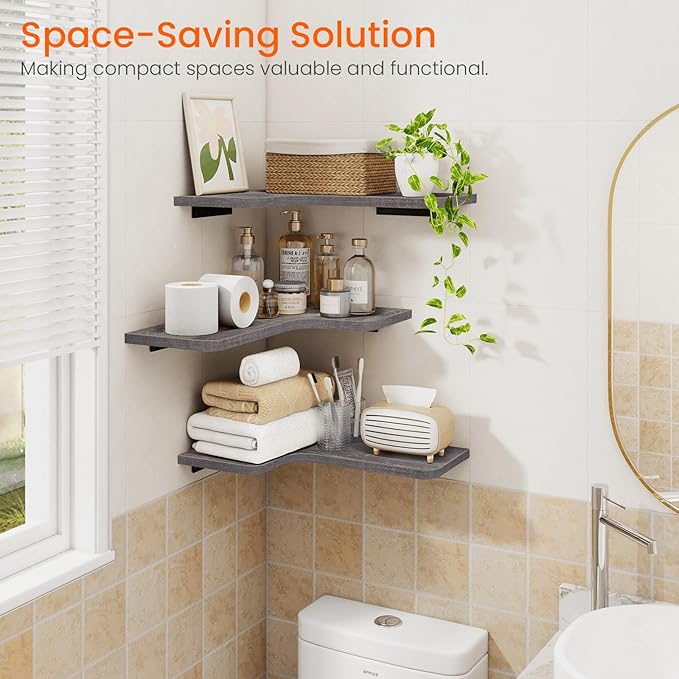 Homode Corner Shelves Wall Mounted, Set of 3 Floating Corner Shelves with Cord Hole, 3 Tier Wooden Hanging Shelves for Storage and Display, for Bathroom Kitchen Living Room, Rustic Grey