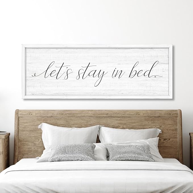 Lets Stay in Bed Wall Decor Above Bed 41.3''×15'' Large Farmhouse Wall Decor for Bedroom Guest Room Decor Framed Wood Wall Art Rustic Master Bedroom Wall Decoration (white frame)
