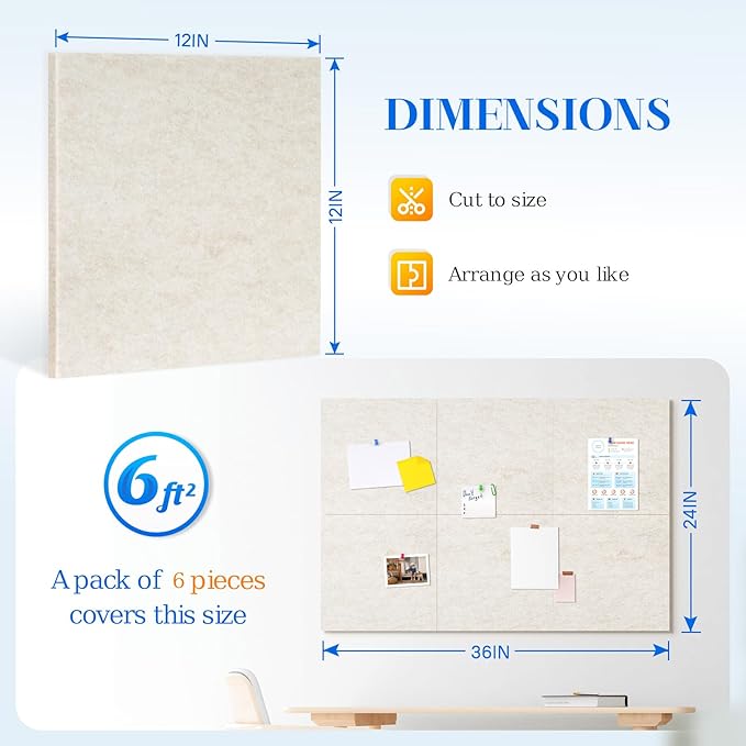 DOLLAR BOSS Felt Cork Board Tiles, 6 Packs 12" x 12" 1/2" Thick Cork Bulletin Board Adhesive Acoustic Panels Soundproof Corkboards for Walls with 60 Pushpins for Home Office Kitchen School, Beige