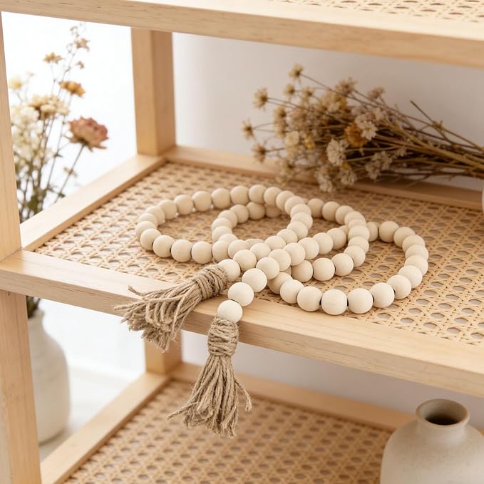 Farmhouse Decor, 59in Wooden Beads Garland with Tassels, Rustic Farmhouse Prayer Boho Beads for Coffee Table Wall Country Decor