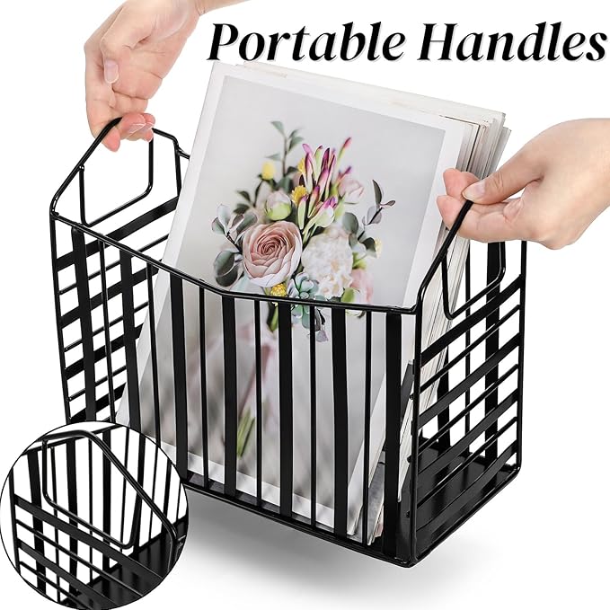 Noamus Metal Magazine Holder, Document File Rack with Handle, Newspaper Book Folder Mail Organizer Bin, Iron Wire Tablet Storage Basket Stand for Home Office Bathroom Bedroom Den Living Room, Black
