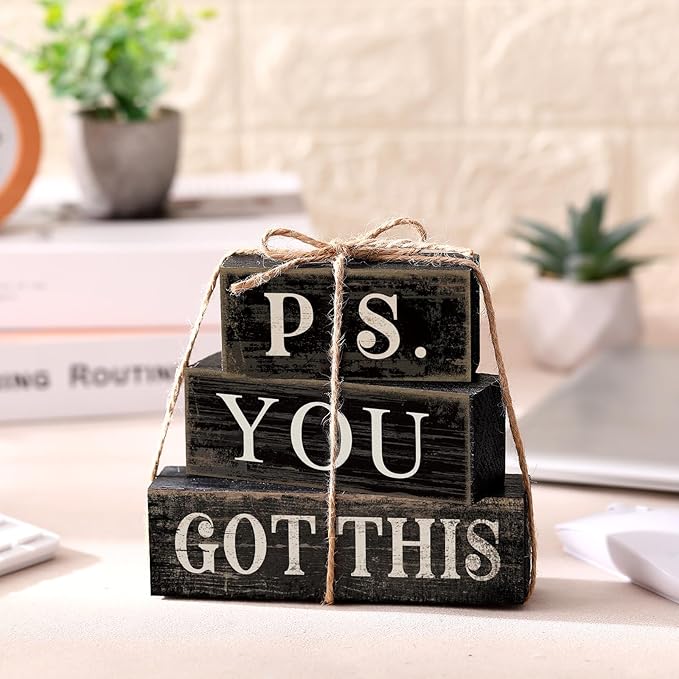 Yuntau 4 Pcs Farmhouse Motivational Office Desk Black Decor P. S. You Got This Wooden Tabletop Inspirational Tiered Tray Decorations Rustic Sign Block Gift for Women Home Kitchen Shelf