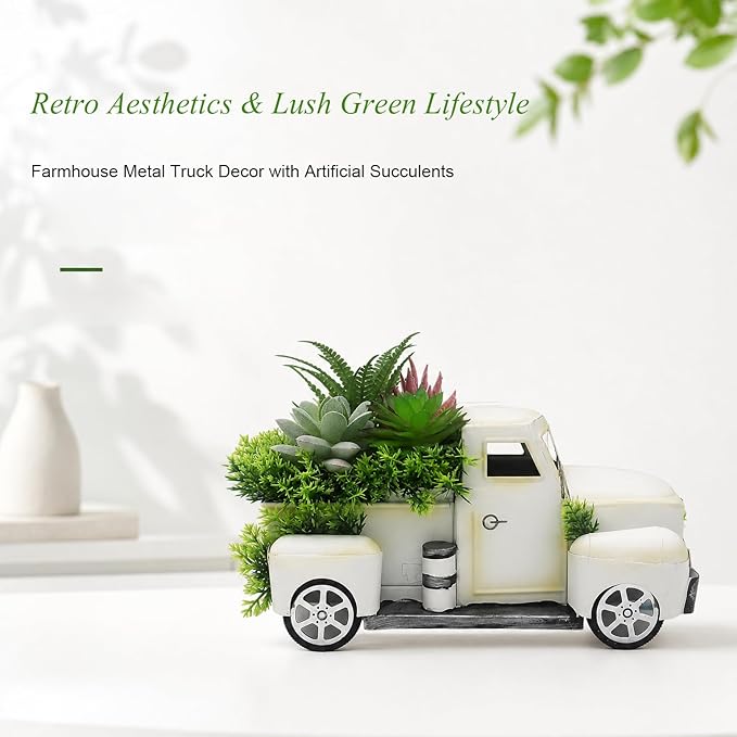 Farmhouse Metal Truck Decor with Artificial Succulents - Rustic Iron Pickup Truck with Removable Faux Succulent Planter for Entryway, Living Room, Coffee Bar Tabletop Decoration