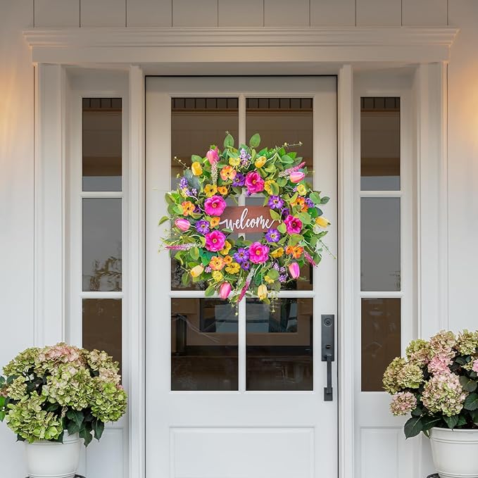 Pinkpuii Spring Wreaths for Front Door Outside – 24 Inch Artificial Tulip & Wildflower Summer Wreath with Green Eucalyptus Leaves and Welcome Sign- Indoor Outdoor Farmhouse Home Porch Wall Decor