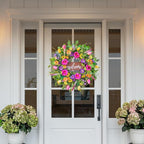 Pinkpuii Spring Wreaths for Front Door Outside – 24 Inch Artificial Tulip & Wildflower Summer Wreath with Green Eucalyptus Leaves and Welcome Sign- Indoor Outdoor Farmhouse Home Porch Wall Decor