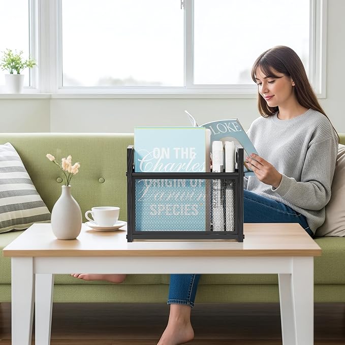 Black Magazine Holder, Wood Magazine Rack Floor, Mesh Magazine File Holder, Magazine Storage Basket, Magazine Holders for Classroom, Magazine Stand for Desk, Folder Organizer Bin for Books