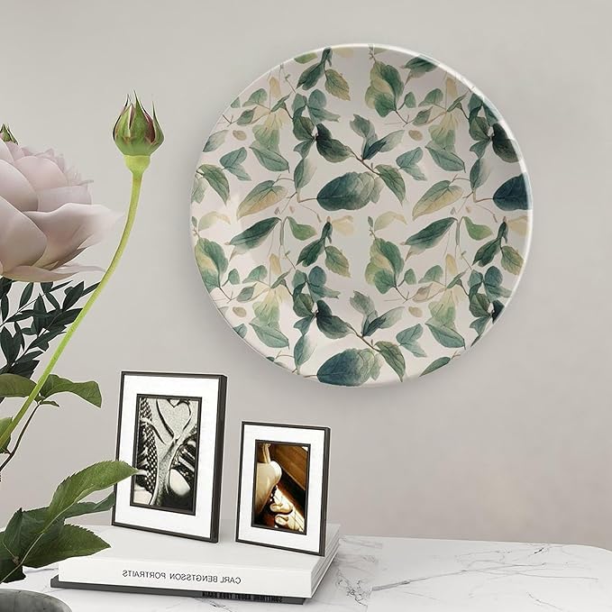 Bone China Decorative Plate Sage Green Eucalyptus Leaves Ceramic Decorative Plates with Display Stand 8inch Handmade Ceramic Ornament Wall Art Decor for Home Kitchen Bedroom Decorative Ornaments