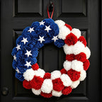 Patriotic Wreath 18 Inch American Flag Wreath for Front Door, Americana Plush Ball Red White and Blue with Stars Decor for 4th of July Memorial Day Veterans Day