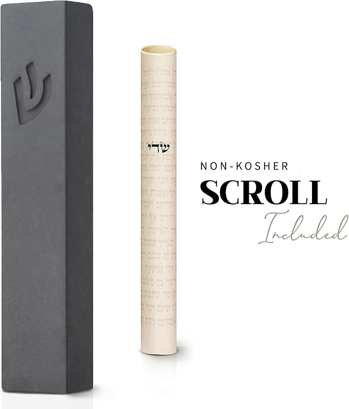 SURI Mezuzah for Door – 7 Inch Dark Gray Concrete Mezuzah Case with Printed Scroll, Self-Stick Jewish Entry Design, Fits a 6 Inch Scroll, Gift Box Included