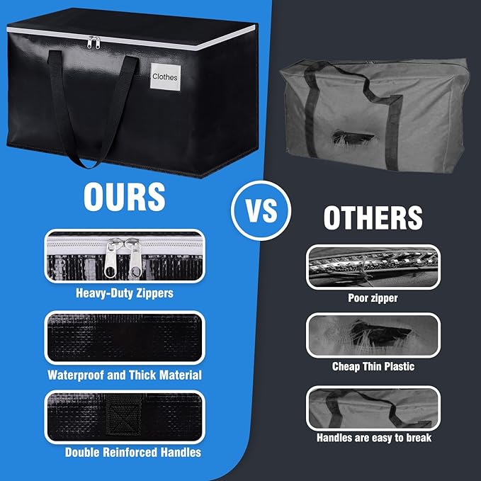 BlissTotes Moving Bags, Heavy Duty Moving Boxes with Zippers Top and Sturdy Handles, Storage Bags for Space Saving and Packing, Collapsible Moving Supplies, Storage Totes (93L, 2-Pack, Black)