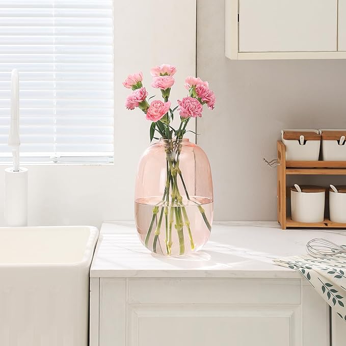 Pink Glass Vase, 10 Inches Large Glass Vase for Flowers, Tall Glass Vases for Modern Decor, Floor Vases for Living Room, Dining Table, Mantle, Shelf, Wedding, Office, Entryway, Centerpiece