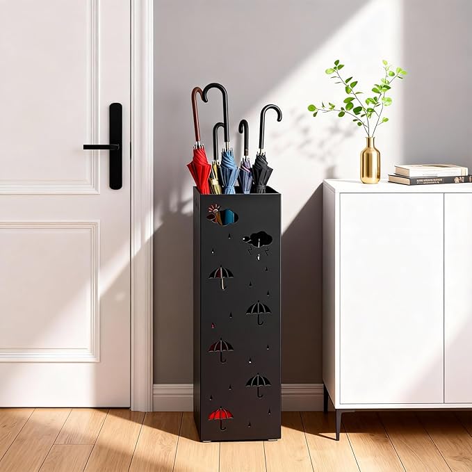 PrecisionAuto Versatile Metal Umbrella Stand for Entryway – Multi-Purpose Storage Rack – Cold-Rolled Steel, Removable Drip Tray & 4 Hooks – Stores Canes, Walking Sticks, Baseball Bats