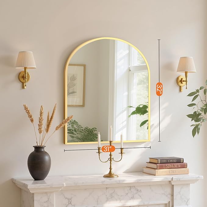 Sweetcrispy 31"x32" Arched Gold Bathroom Mirrors for Wall, Bathroom Mirrors for Over Sink, Metal Framed with HD Shatter-Proof Glass for Entryway, Living Room, Bedroom