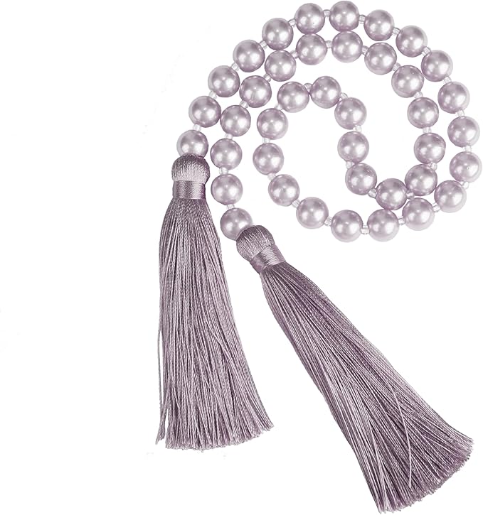 34 Inch Pearl Glass Bead Garland with Tassels - Elegant Boho Table Decor, Fringe Wall Hanging for Wedding, Party, Farmhouse Rustic Prayer Bead Home Decoration(2 Pack,Purple)