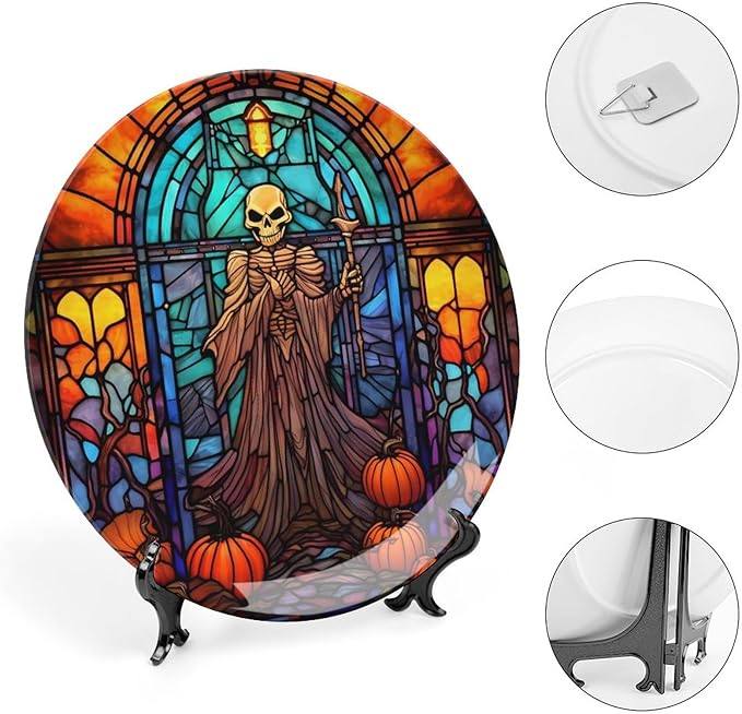 Halloween Spooky Stained Glass Design Decorative Plates Home Decor Ceramic Plates, Dinner Plates Display for Living Room, Kitchen, Hallway Console Side Table, Presents for Halloween, 10 Inch
