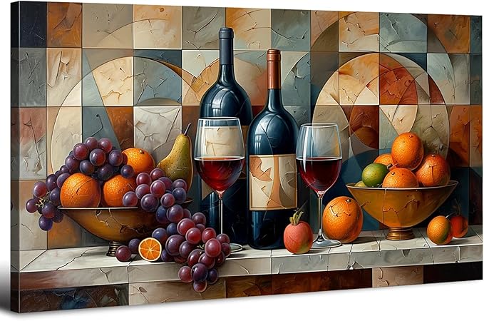 AIYISU Abstract Kitchen Wall Art Geometric Wall Decor Red Wine Glass Fruits Canvas Prints Pictures Rustic Farmhouse Still Life Painting Wine Bar Art for Dining Room Restaurant Home Decorations 24x48