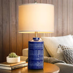 JUNNAI 24.5" Navy Blue Table Lamp Modern Bedside Ceramic Lamps for Living Room 3-Way Dimmable Entryway Nightstand Farmhouse Lamp for Home Office Bedroom, Bulb Included