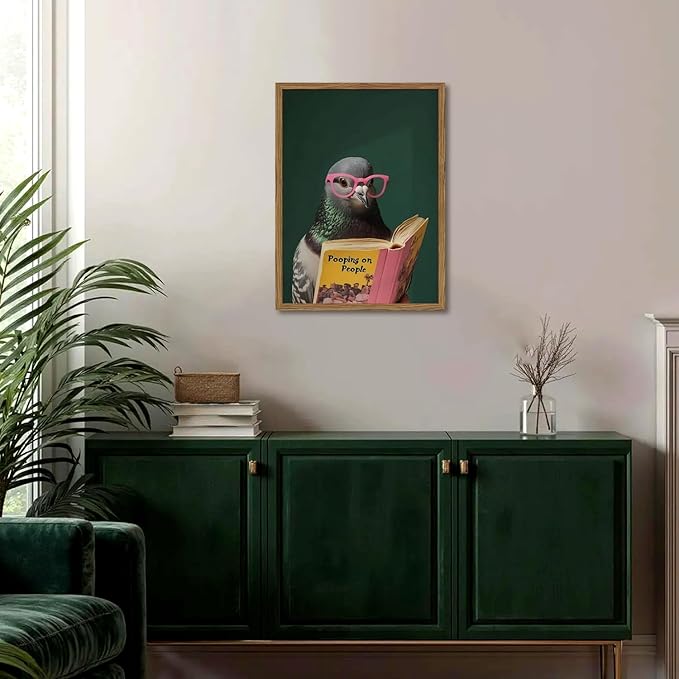 Framed Funny Pigeon Wall Art, Humorous Bird Reading Wall Decor Paintings, Pooping on People Book Pictures Canvas Print Eclectic Home Decor for Bathroom Living Room Office Dorm 16x24 inch