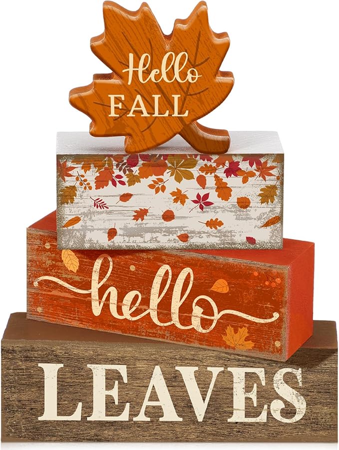 Moucuny 4 Pcs Fall Decor Wooden Maple Leaf Decoration Thanksgiving Tiered Tray Decor Rustic Wooden Maple Leaf Block Sign Thanksgiving Table Centerpiece Farmhouse for Autumn Harvest Party Kitchen Home