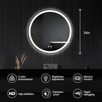 DUMOS 24 Inch Round LED Bathroom Mirror with Lights, Circle Vanity Mirror with Anti-Fog, Dimmable, 3-Color Light, Front Light and Backlit, Memory Function, Tempered Glass
