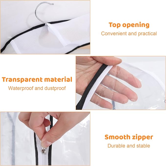 4 Pack Full Clear Garment Bags with Side Zipper, 40&60" Clothes Covers with 10" Gusset, Transparent Hanging Suit & Coat Covers for Closet Storage, Jackets, Dresses, Windbreakers