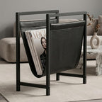 Modern Magazine Rack for Living Room and Office | Freestanding Metal and Leather Magazine Holder | Contemporary Storage Organizer for Books, Newspapers | Minimalist Home and Lounge Decor (Black)
