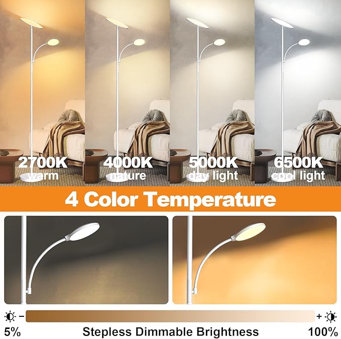 marctronic White Floor Lamps for Living Room, 44W/4500LM Super Bright 2 in 1 LED Floor Lamp with Remote, Stepless Dimmable, 69" Tall Standing Floor Lamp with Bendable Reading Light for Bedroom Office
