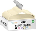 25 Premium Kids Velvet Hangers - 14" Non-Slip Clothes Hangers for Kids & Preteens - Ultra Slim, Space-Saving, Strong & Durable Hangers with 360° Swivel Hook - Beige