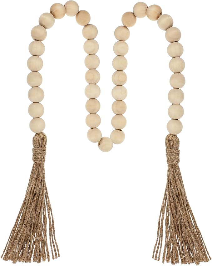 34in Farmhouse Wood Beads Garland with Tassels, Decorative Bead Home Decor Wooden Beads Garland Country Room Hanging for Wood Entryway Table, Shelf, Tray, Curtain Decor (Beige)