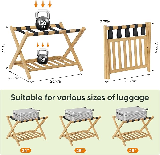 Fully Assembled Bamboo Luggage Rack, Heavy Duty Folding Suitcase Stand with Storage Shelf, Guest Room Essentials, Ideal for Bedroom, Hotel, Natural