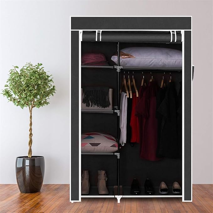 Portable Closet Wardrobe, Closet Storage Organizer Rack with Shelves and Cover for Hanging Clothes, Non-Woven Fabric, Quick and Easy to Assembly (64'', Black)