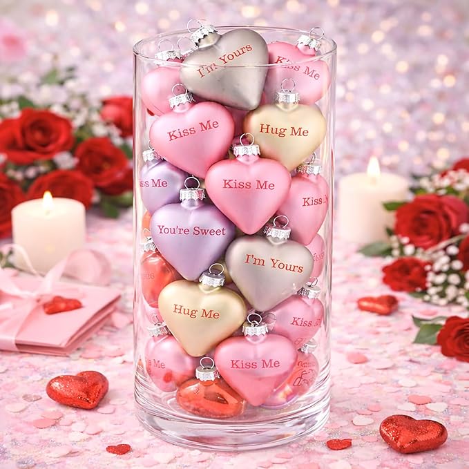 Lillian Vernon Pastel Candy Conversation Hearts Valentines Ornaments - 12-Piece Assortment, Blown Glass, Handcrafted Hanging Tree Decorations, Pastel Heart Holiday & Party Decor, 2.5 in Tall