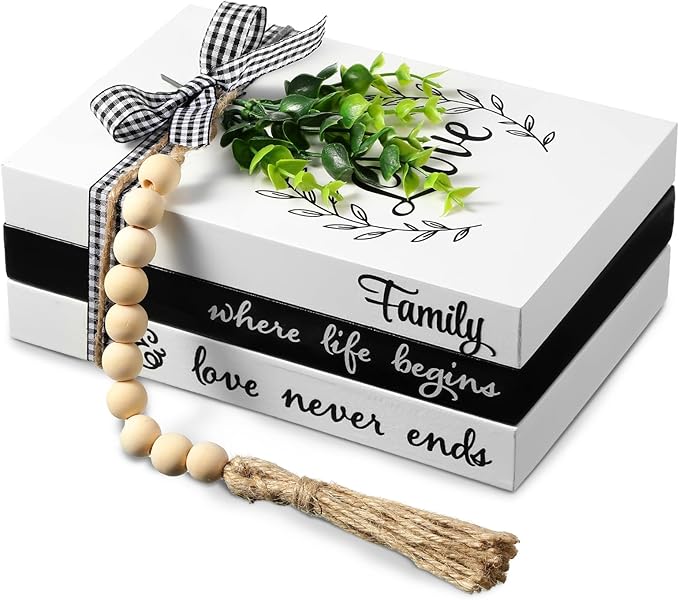 Capoda 3 Pcs Decorative Books for Home Decor Farmhouse Faux Stacked Books Wooden Rustic Table Decor with Bead Garland Twine Ribbon Faux Leaf for Table(Love)